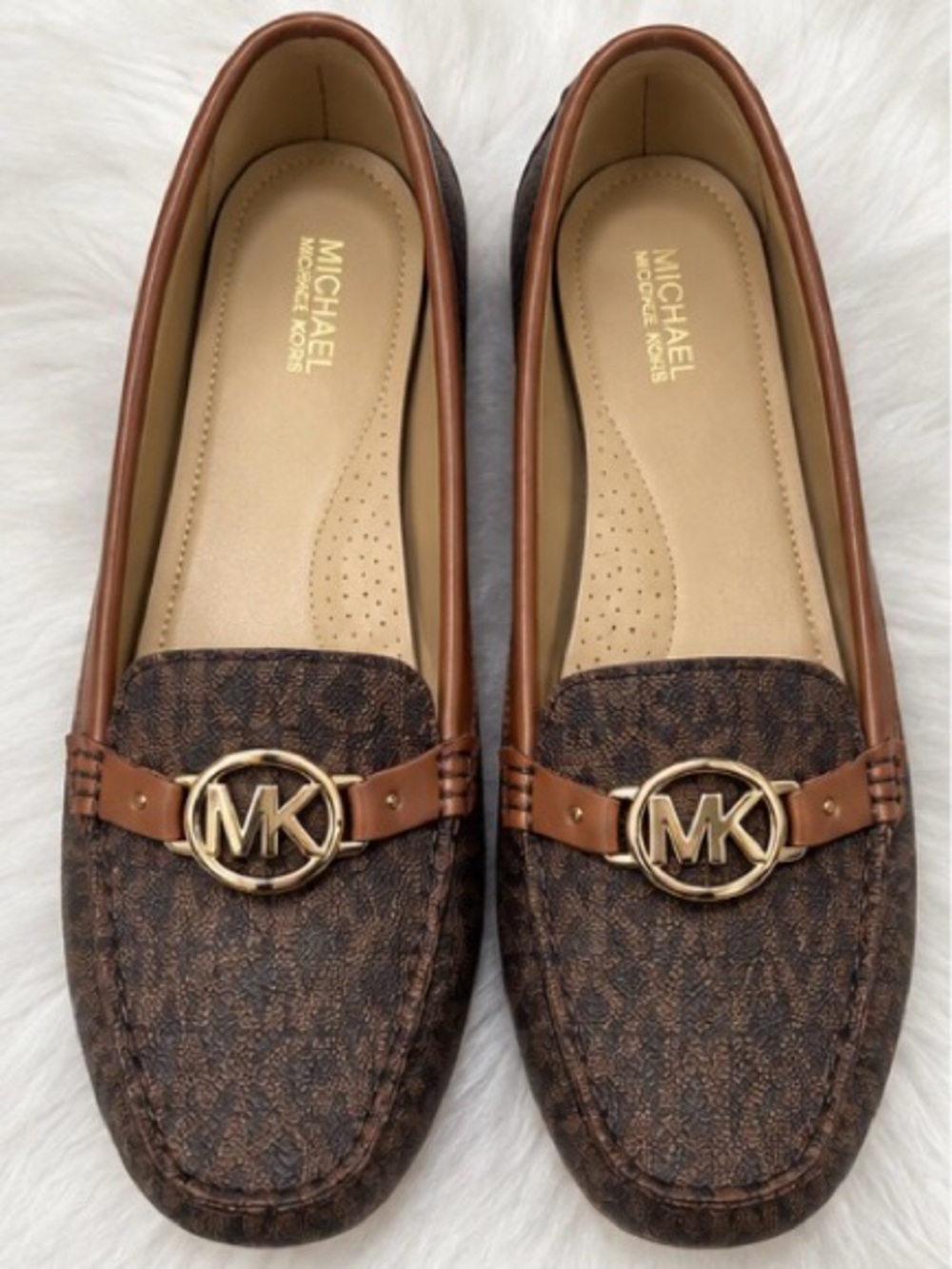 MICHAEL Michael Kors Brown Monogram Slip-On Loafers with Gold MK Logo